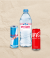 Ein Bild von einer RedBull Zero Dose, einer evian Flasche und einer Coca-Cola Dose.